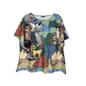 Shein Curvy Womens 3XL Cat Print Top Novelty Art To Wear Blouse Crazy Cat Lady